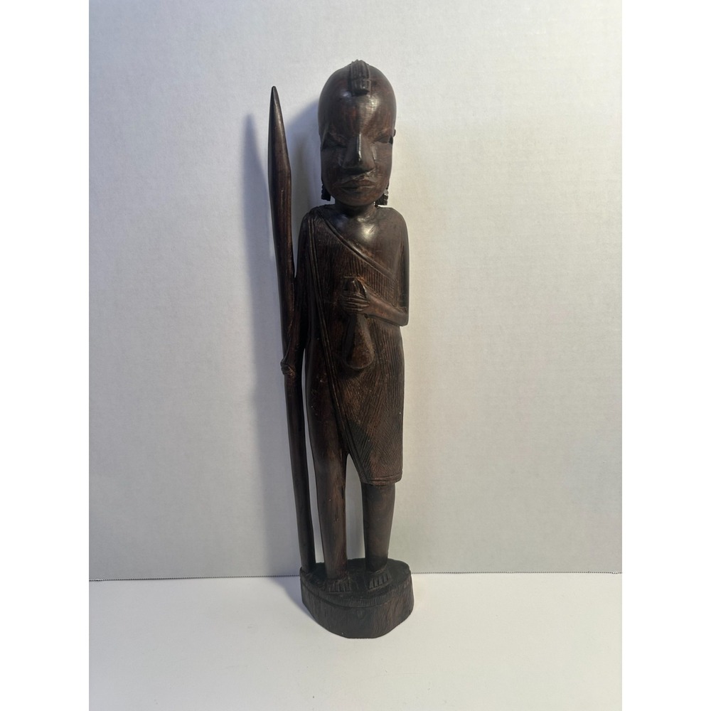 Vintage Hand Carved Dark Wood African Warrior Figure With Spear Sculpture
